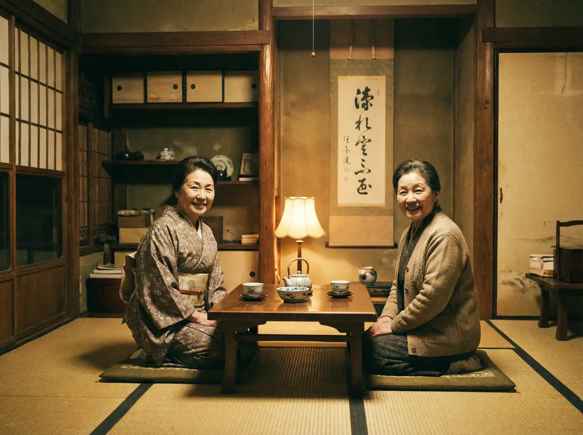 两位优雅的 龙珠体育 在日式茶室中品茶交谈